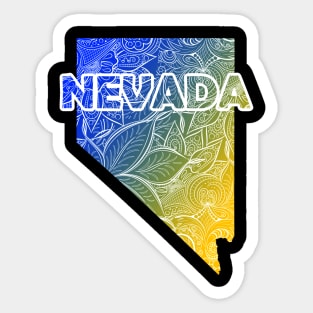 Colorful mandala art map of Nevada with text in blue and yellow Sticker